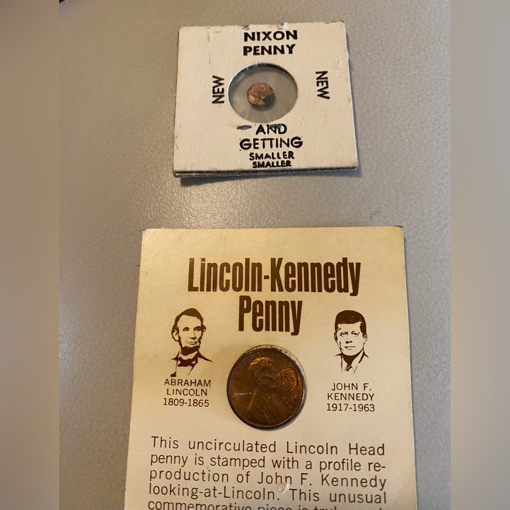 1974 Lincoln-Kennedy Commemerative Penny and Small Whimsical Nixon Penny